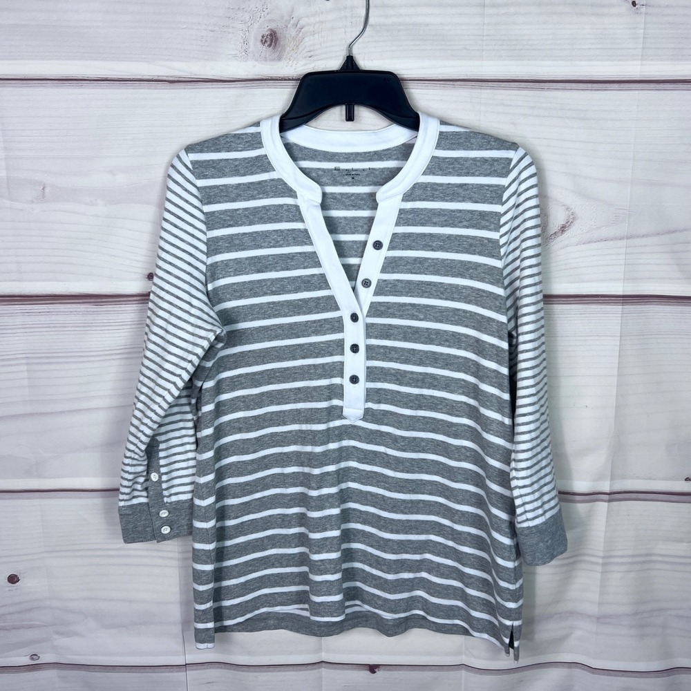 E.L.I Top Womens M Gray Striped Henley T-Shirt 3/4 Sleeve Pima Cotton Knit